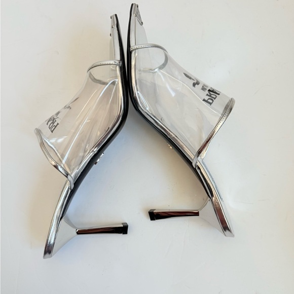 Prada Metallic silver leather logo print Pexiglas high heel slide sandals EU40.5 - Picture 11 of 15